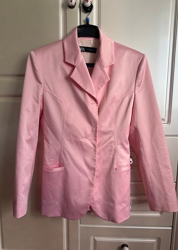 Pembe Düğmeli Kadın saten Blazer Ceket