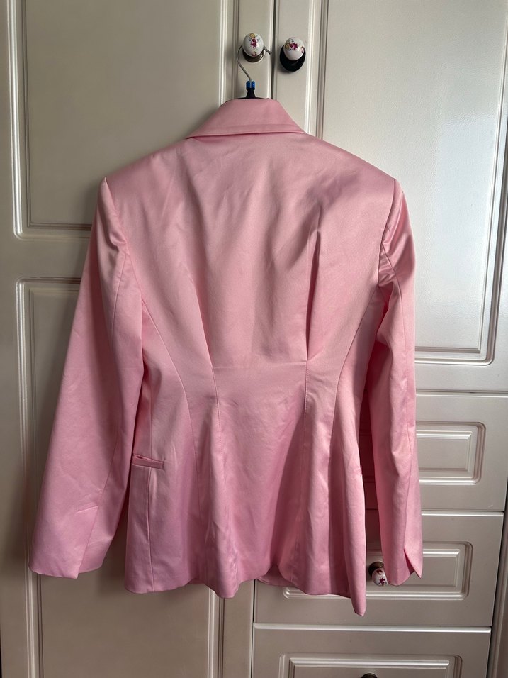 Pembe Düğmeli Kadın  saten Blazer Ceket - Görsel 2