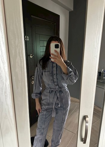 Lila Denim Kemerli Kadın Tulum - Görsel 5