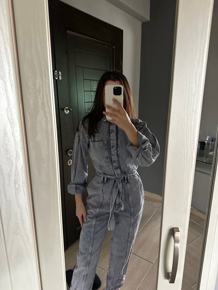 Lila Denim Kemerli Kadın Tulum - Görsel 5