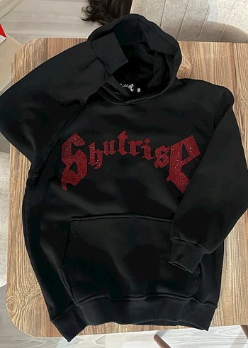 Siyah Kapüşonlu taş detaylı Sweatshirt