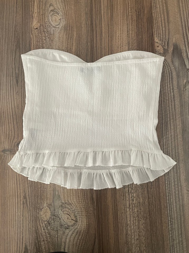 Beyaz Keten Straplez Fırfırlı Bluz - Görsel 2