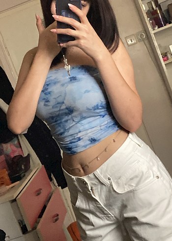 s Beden mavi Renk Mavi Çiçek Desenli Straplez crop