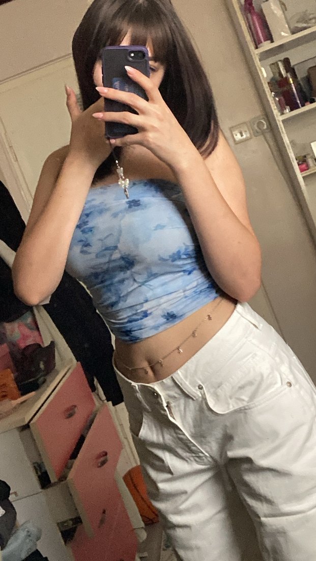 Mavi Çiçek Desenli Straplez crop - Görsel 4