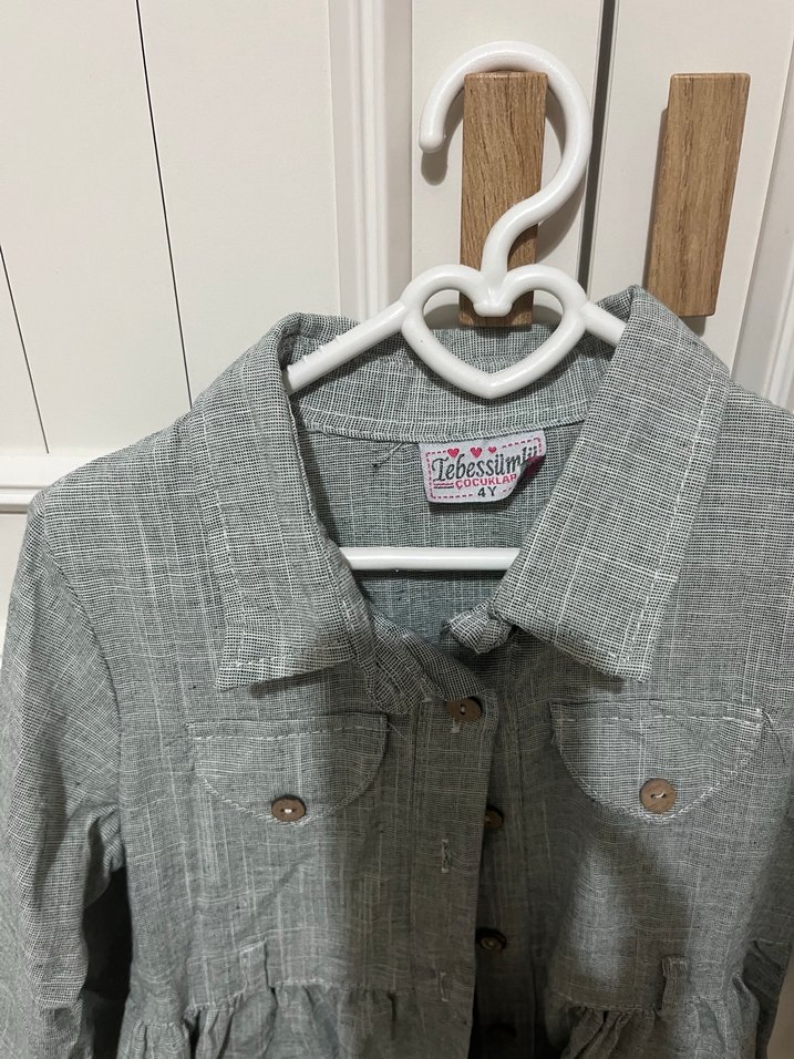 Kız Çocuk Gri Keten Düğmeli Ceket - Görsel 2