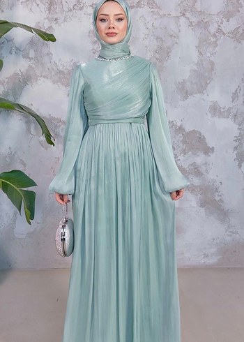 Uzun Turkuaz Drapeli Tesettür Abiye Elbise - Görsel 2