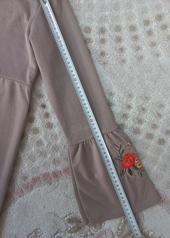 Bej Nakışlı Uzun Salaş Elbise - Görsel 9