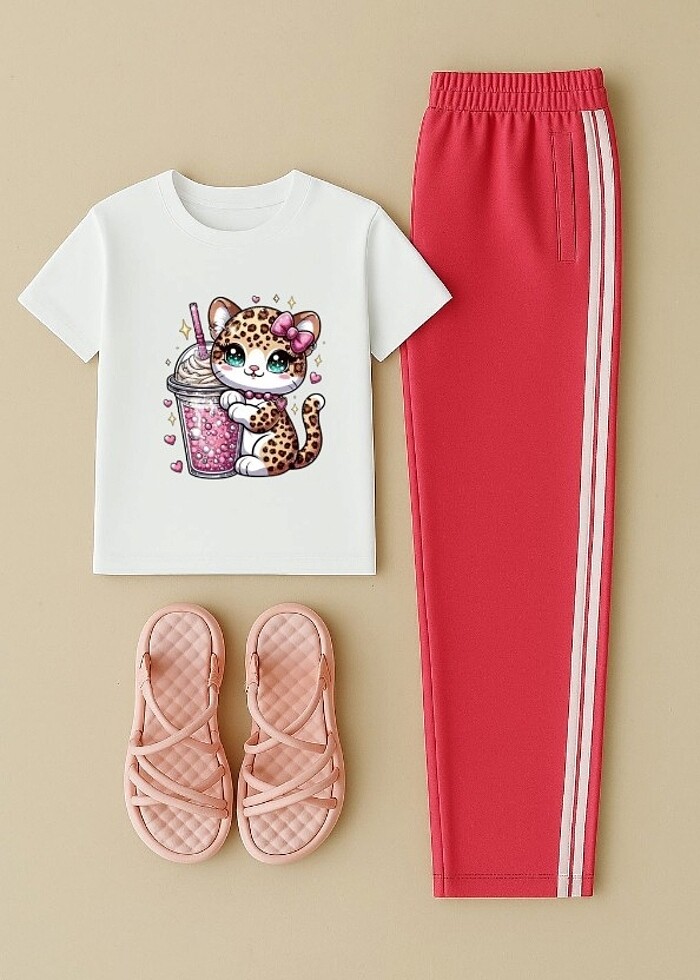 Sevimli Leopar Baskılı Kısa Kollu Tişört ve Pembe Eşofman Altı T - Görsel 3