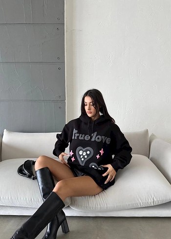 Kadın Siyah Kapüşonlu Nakışlı Sweatshirt - Görsel 5