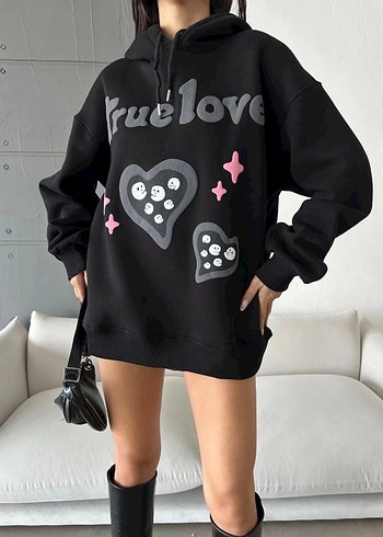 Kadın Siyah Kapüşonlu Nakışlı Sweatshirt - Görsel 2