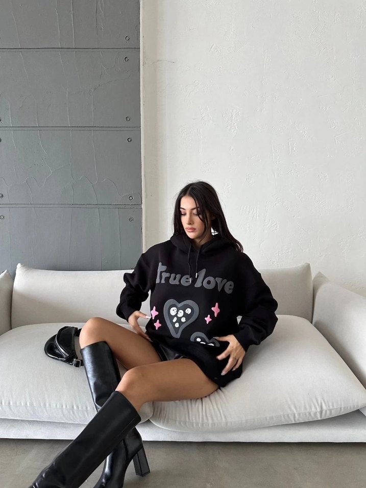 Kadın Siyah Kapüşonlu Nakışlı Sweatshirt - Görsel 5