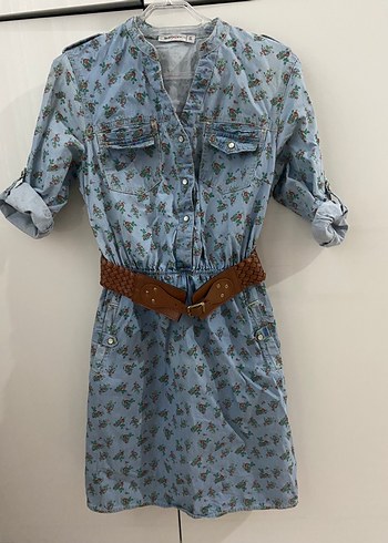 Diğer Mavi Çiçekli Denim Midi Elbise