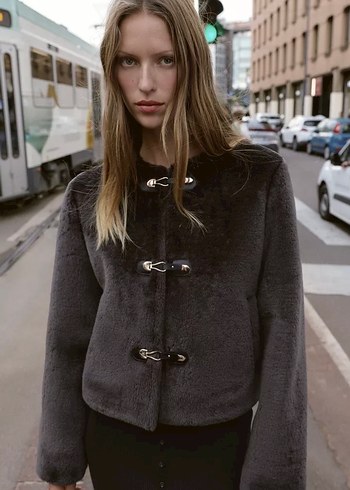 Zara süslü düğmeli suni kürk ceket (antrasit) - Görsel 2