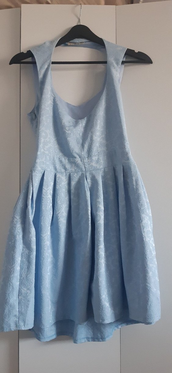 Mavi Kısa Yuvarlak Yaka Pilili Abiye Elbise - Görsel 3