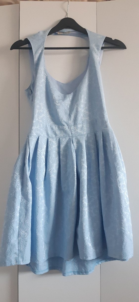 Mavi Kısa Yuvarlak Yaka Pilili Abiye Elbise - Görsel 2