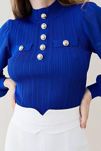 Karen Millen Askeri Kesim Kaburga Örgü Şifon Kollu Üst | Military Trim Rib Kn