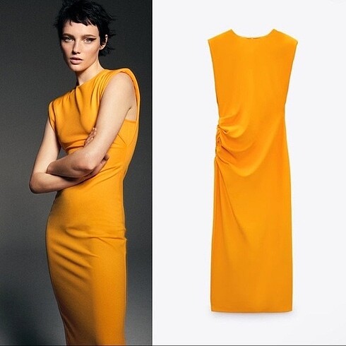ZARA YAN DRAPE ELBİSE TURUNCU