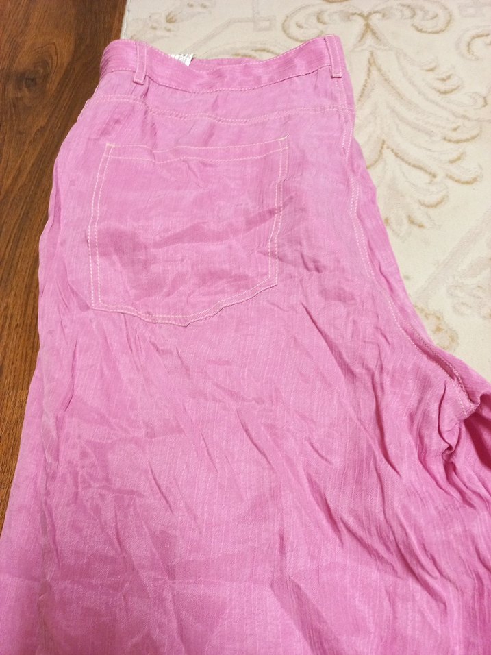 Pembe Keten Bol Kesim Kadın Pantolon - Görsel 3