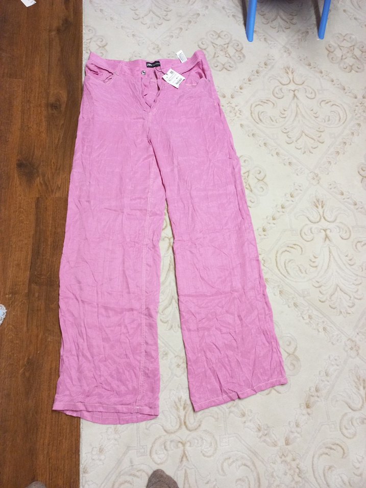 Pembe Keten Bol Kesim Kadın Pantolon - Görsel 4