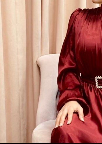 Uzun Bordo Drapeli Kadın Elbise - Görsel 2