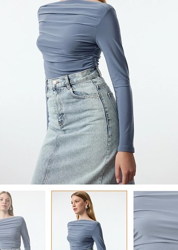 Gri Kadın Uzun Kollu Tekne Yaka Bluz - Görsel 3