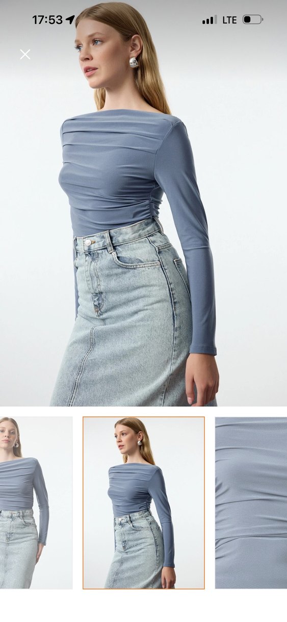 Gri Kadın Uzun Kollu Tekne Yaka Bluz - Görsel 3