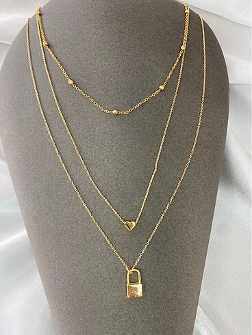 Gold Kilit Ve Kalp Charm Katmanlı Kolye
