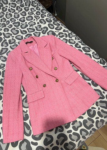 Düğmeli Pembe Kruvaze Tüvit Blazer Ceket