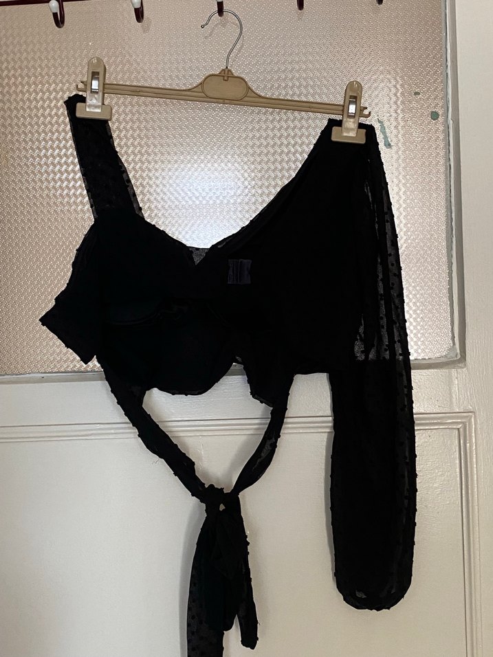 Drapeli Siyah Gotik Mini Halter Bluz - Görsel 2