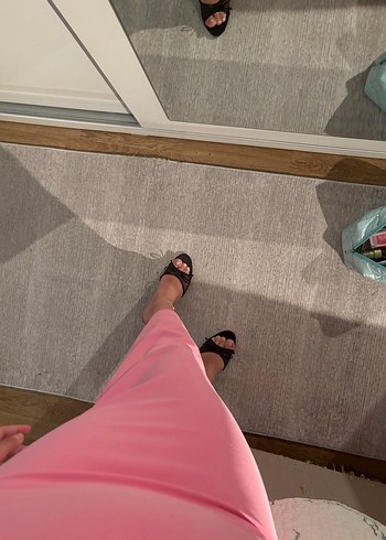 xs Beden Kayık Yaka Pembe Midi Abiye Elbise