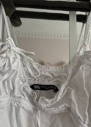 Zara Beyaz Keten Drapeli Midi Elbise