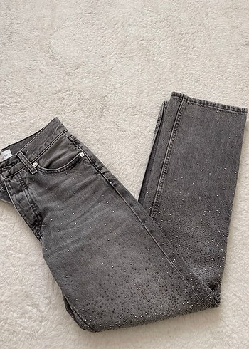 Gri Payetli Kadın Denim Pantolon