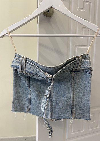 Kadın Mavi Kot Mini üst Kemerli