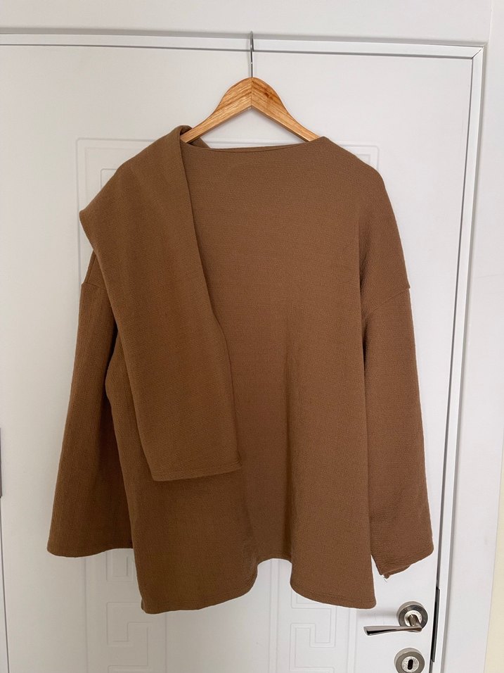 Kadın Bej Keten Uzun Kollu Salaş Süveter - Görsel 5