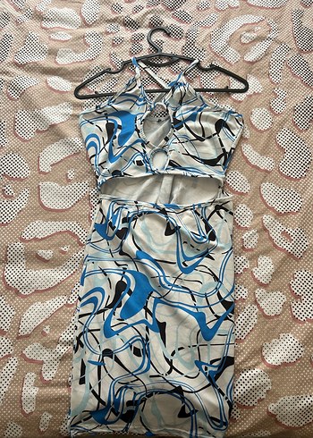 Zara Mavi Gri Bağlama Desenli Strappy Elbise