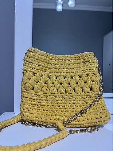 Sarı örgü model el çantası
