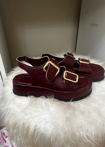 39 Beden Bordo Deri Tokalı Platform Topuklu Kadın Sandalet