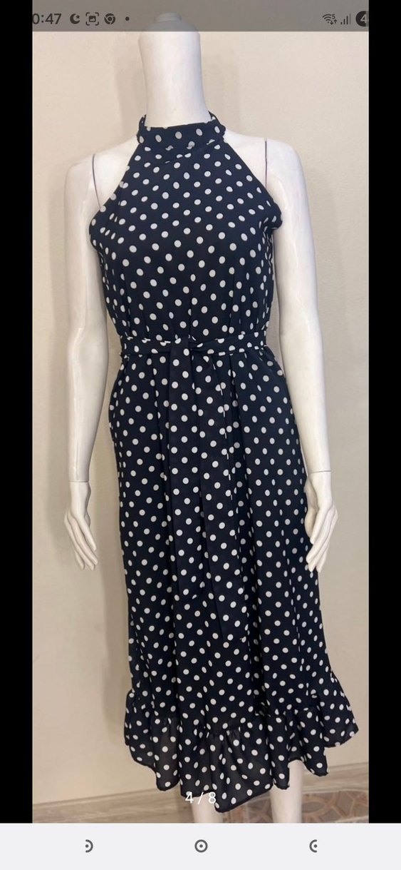 Puantiye Desenli Uzun Siyah Elbise - Görsel 4