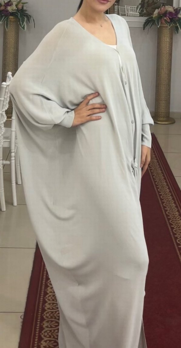 Bohem Tarzı Uzun V Yaka Gri Elbise - Görsel 2