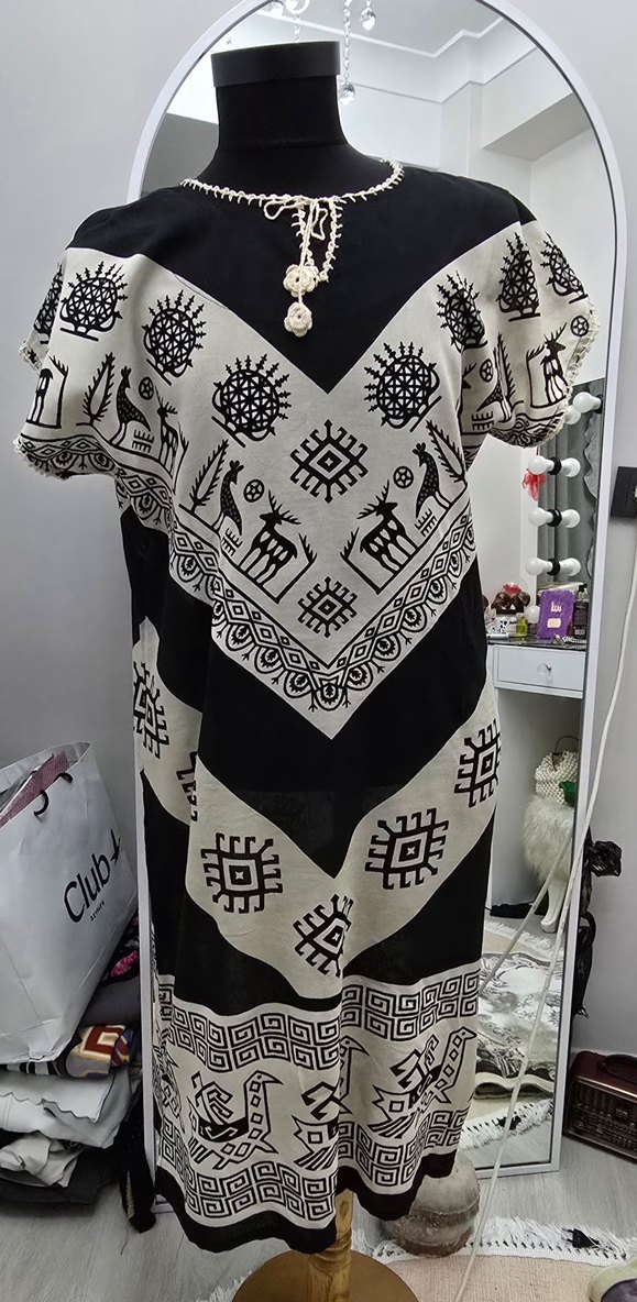 Bohem V Yaka Desenli Uzun Elbise - Görsel 4