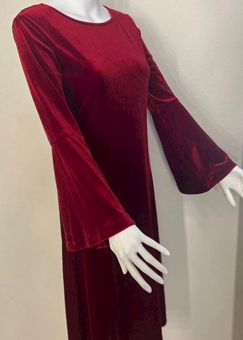 Bordo Uzun Kollu Bohem Kadın Elbise kadife vintage - Görsel 7