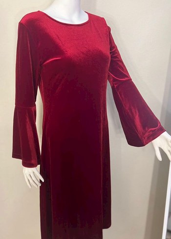 Bordo Uzun Kollu Bohem Kadın Elbise kadife vintage - Görsel 2