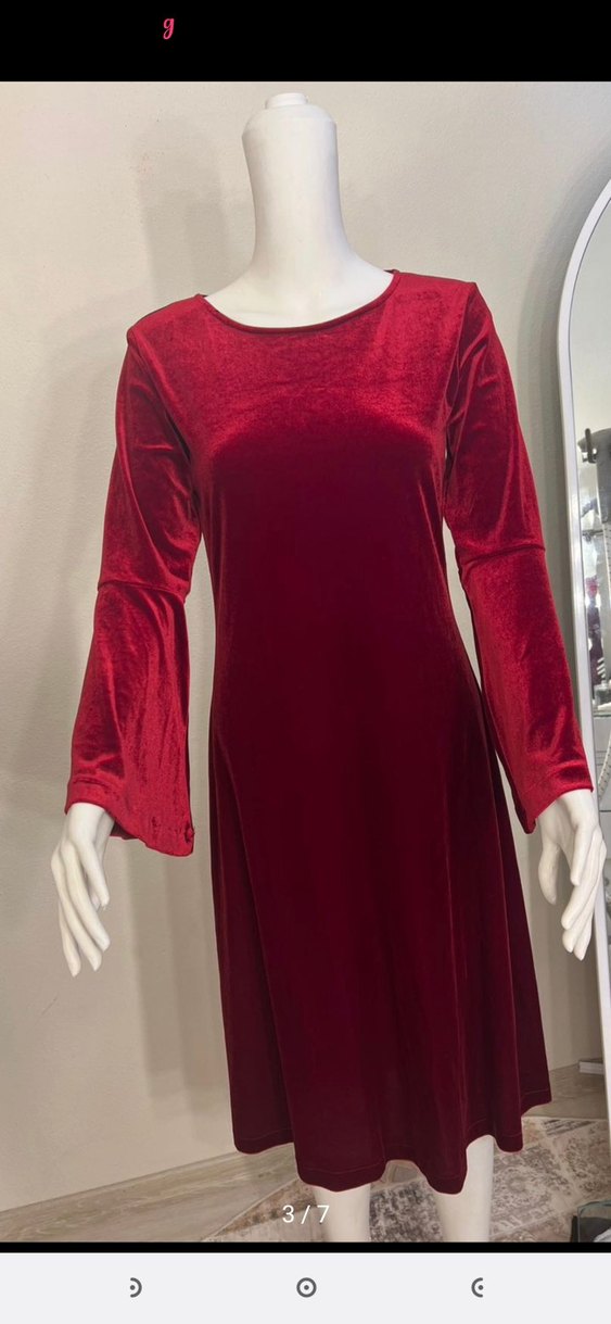 Bordo Uzun Kollu Bohem Kadın Elbise kadife vintage - Görsel 3