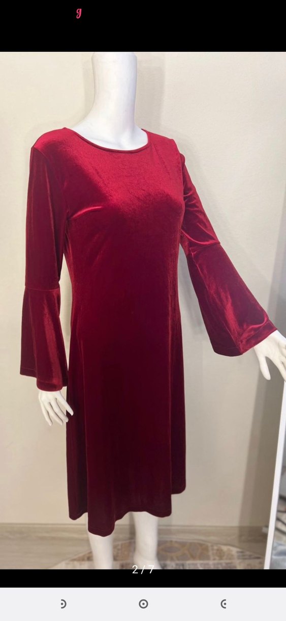 Bordo Uzun Kollu Bohem Kadın Elbise kadife vintage - Görsel 2