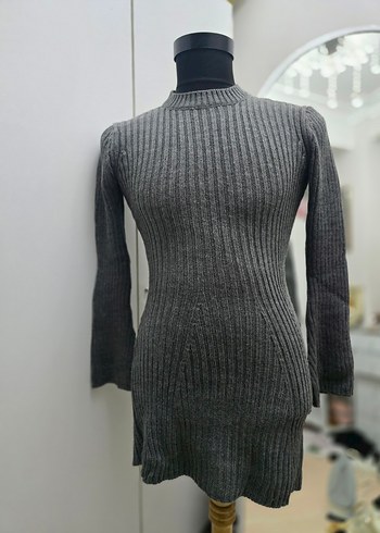 Gri Fitilli Triko Kadın Midi Elbise - Görsel 3