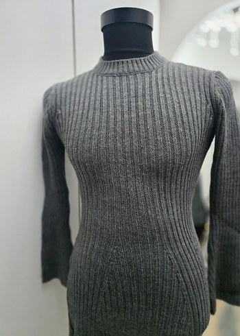 Gri Fitilli Triko Kadın Midi Elbise - Görsel 4