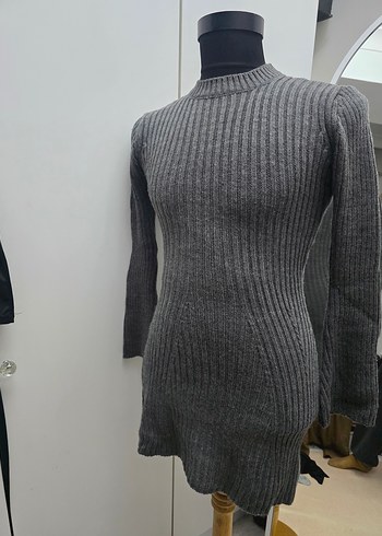 Gri Fitilli Triko Kadın Midi Elbise - Görsel 7