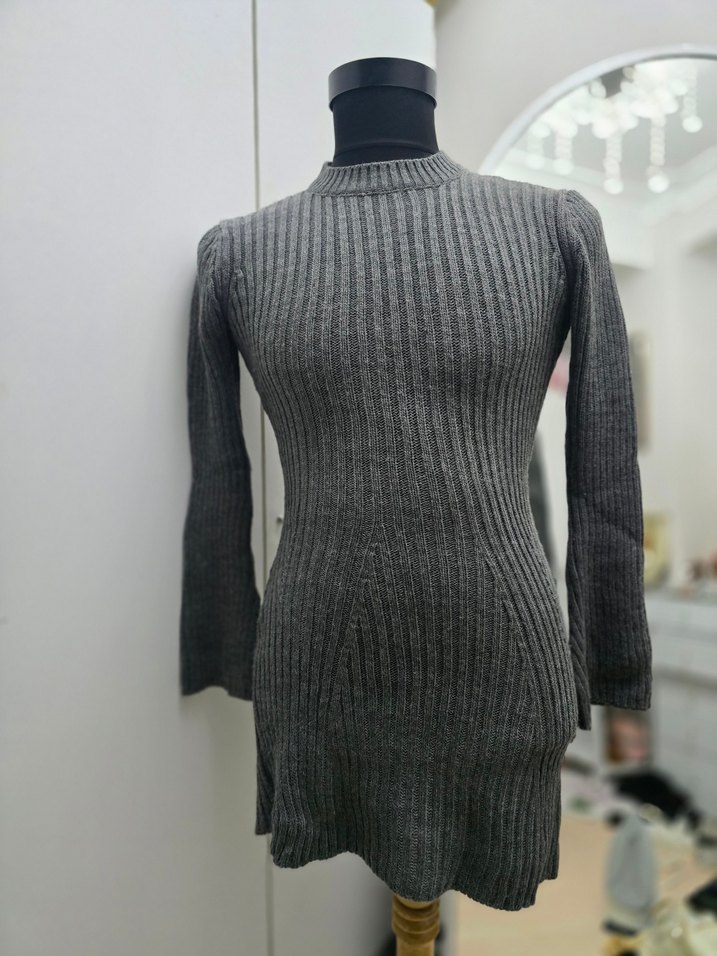 Gri Fitilli Triko Kadın Midi Elbise - Görsel 3