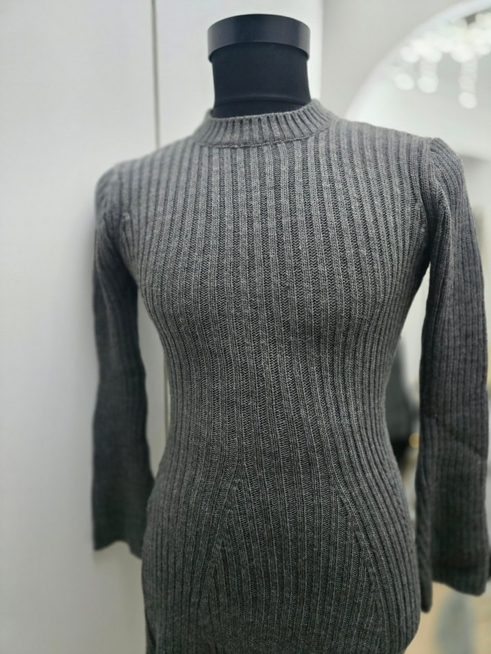 Gri Fitilli Triko Kadın Midi Elbise - Görsel 4