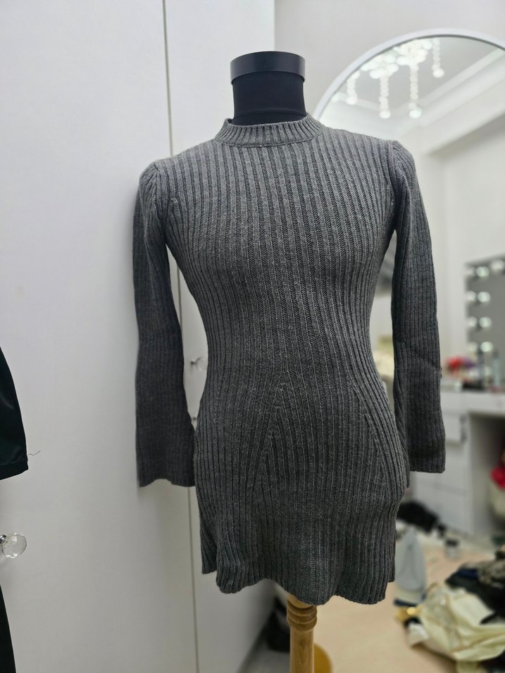 Gri Fitilli Triko Kadın Midi Elbise - Görsel 5